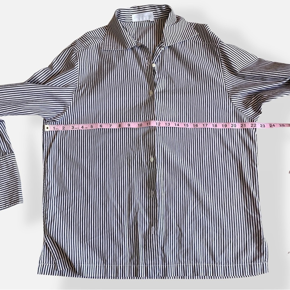 Vintage 90s Burberrys Navy and Nude Striped Blouse Button Front Shirt Large - Picture 10 of 12